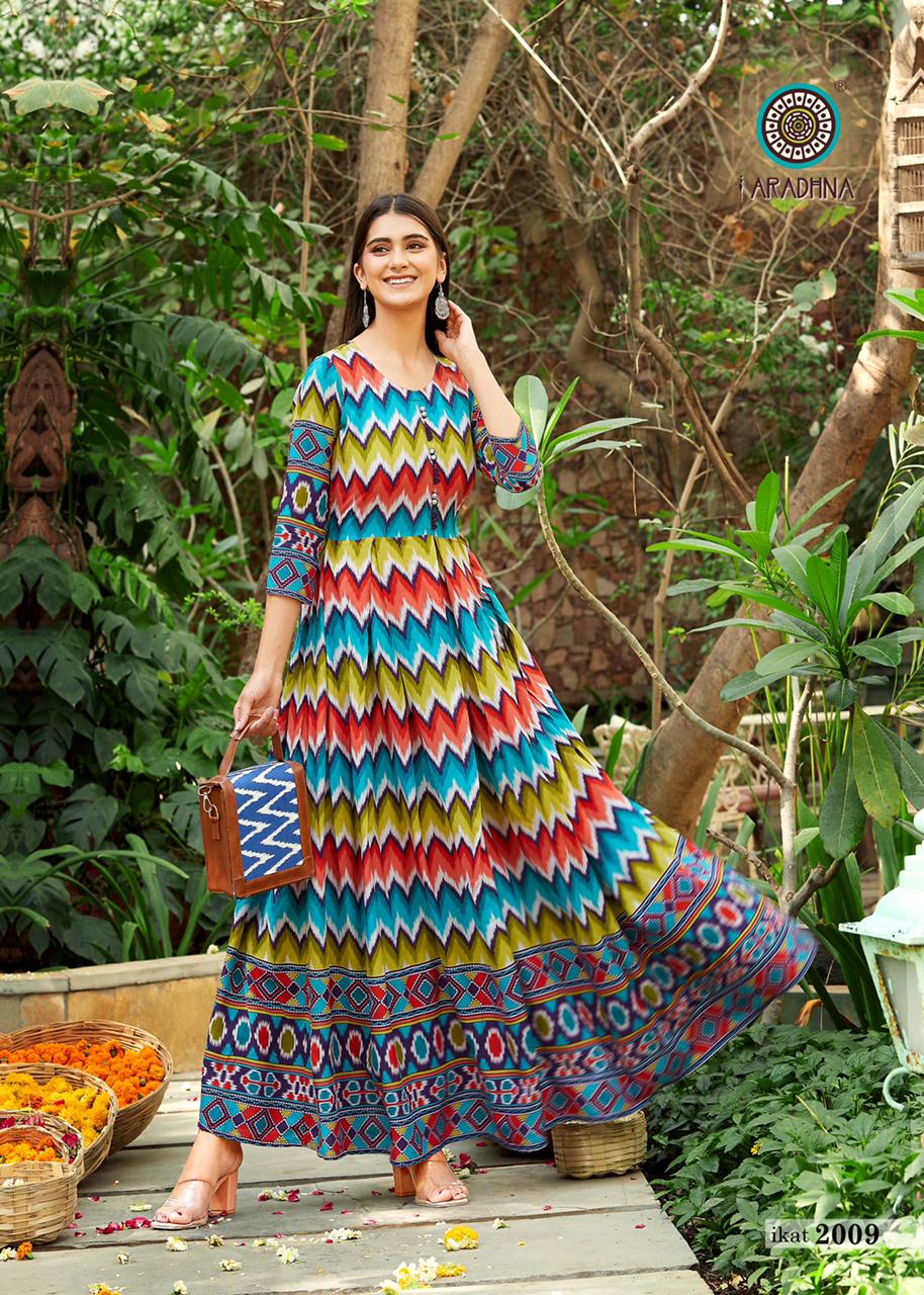 Aradhna Ikat 2 Heavy Rayon Designer Printed  Anarkali Long Kurti Collection
